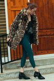 Brown Leopard Lapel Neck Midi Faux Fur Shearling Coat