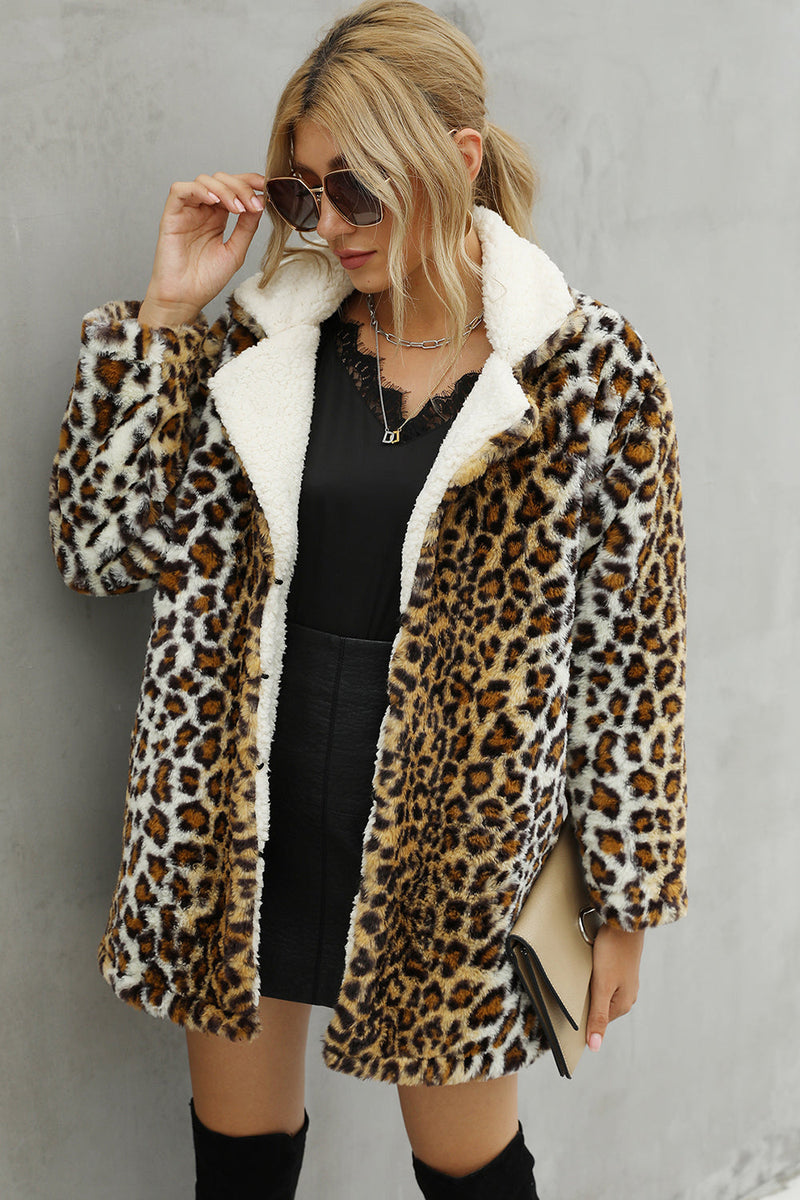 Load image into Gallery viewer, Brown Loepard Fluffy Midi Faux Fur Shearling Coat