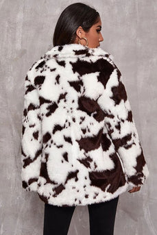 White Cow Pattern Midi Faux Fur Shearling Coat