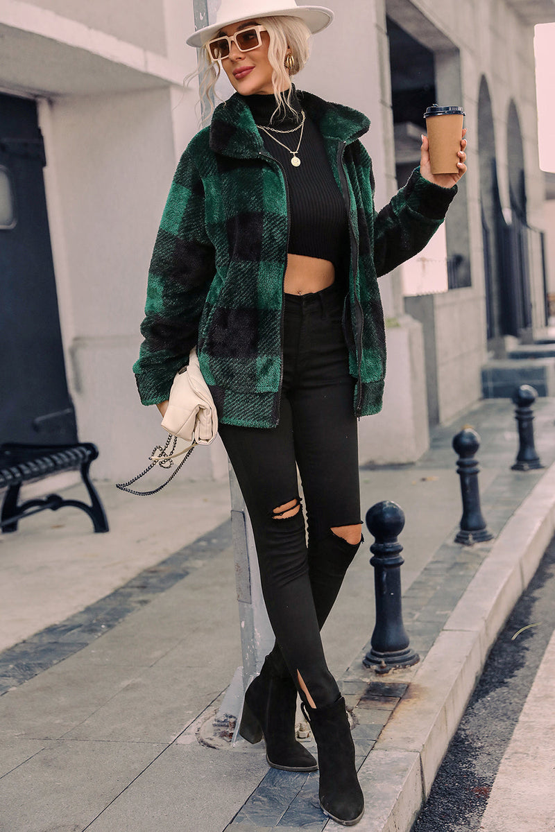 Load image into Gallery viewer, Green Plaid Zipper Fuzzy Jacket Winter Coat