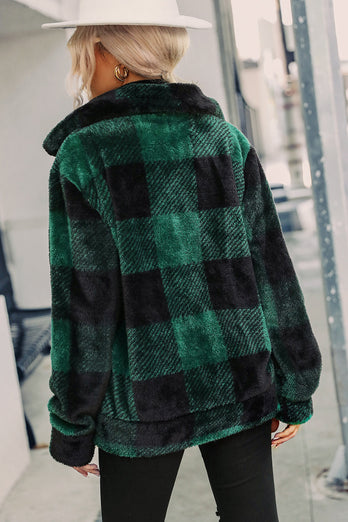 Green Plaid Zipper Fuzzy Jacket Winter Coat