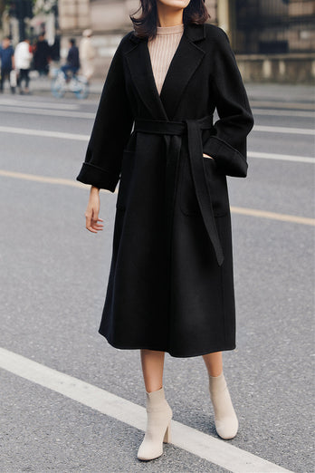 Black Lapel Neck Belted Wool Coat With Pockets