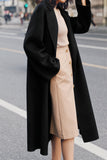 Black Lapel Neck Belted Wool Coat With Pockets