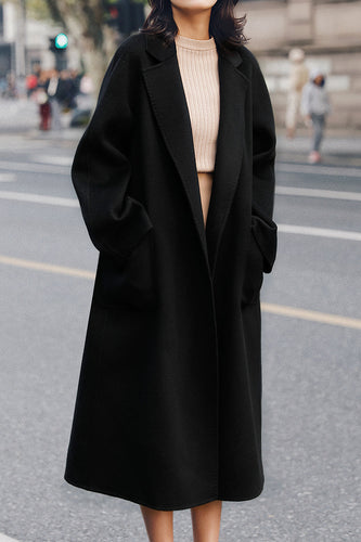 Black Lapel Neck Belted Wool Coat With Pockets