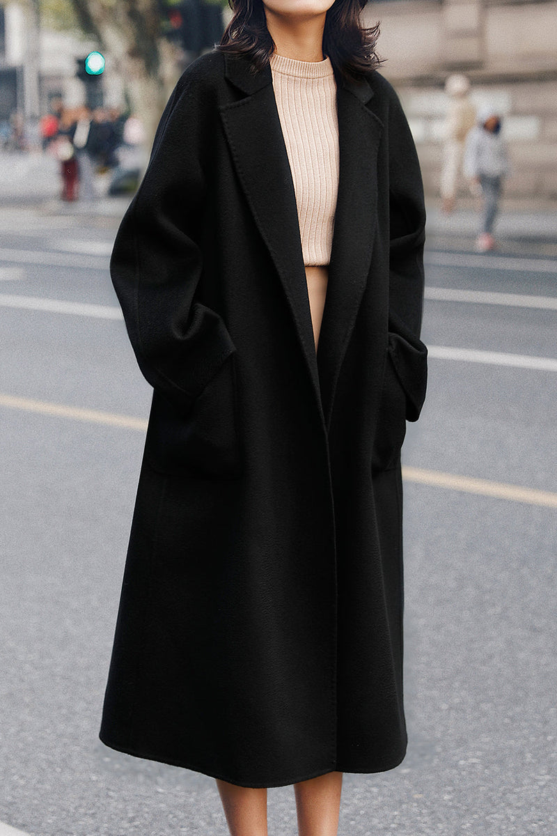 Load image into Gallery viewer, Black Lapel Neck Belted Wool Coat With Pockets