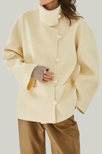 Ivory High Neck Buttons Wool Coat