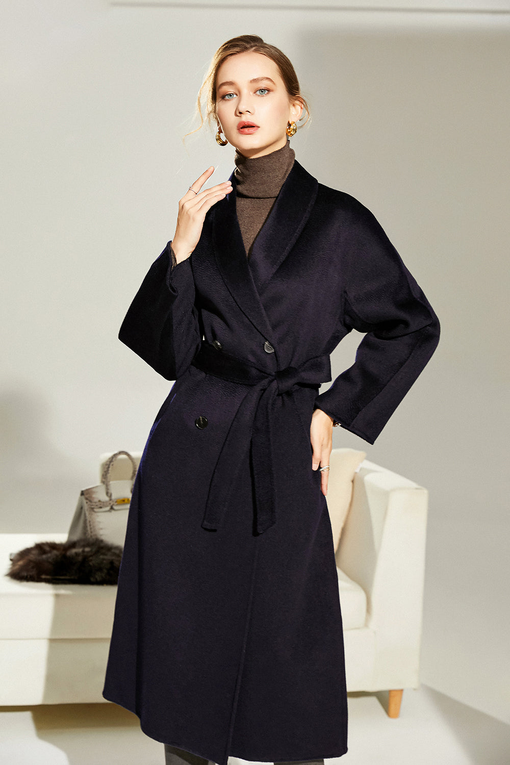 Black Wool Double Breasted Lapel Neck Long Coat with Belt