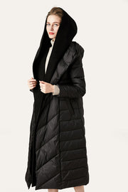 Black Button Quilted Puffer Jacket with Faux Fur Hood