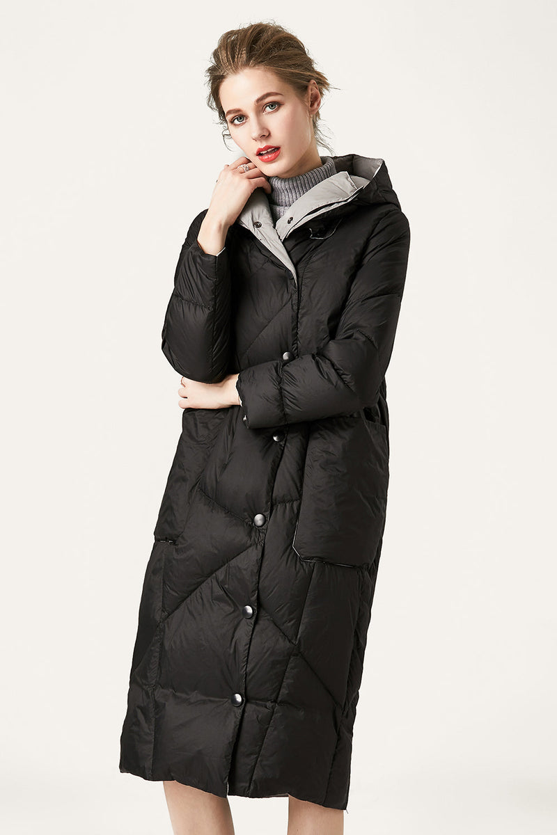Load image into Gallery viewer, Black Button Quilted Hooded Long Puff Jacket
