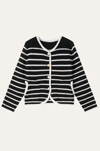 Black Striped Cropped Cardigan Sweater With Buttons