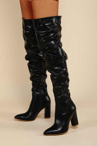 Black Chunky High-Heeled High Boots