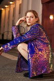 Sparkly Purple Sequins Oversized Longline Prom Blazer For Women