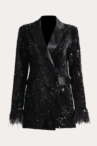 Glitter Black Sequins Women Prom Homecoming Blazer with Feathers