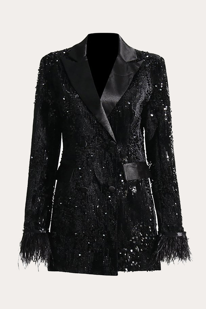 Load image into Gallery viewer, Glitter Black Sequins Women Prom Homecoming Blazer with Feathers