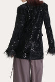 Glitter Black Sequins Women Prom Homecoming Blazer with Feathers