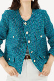 Dark Blue Tweed Open Front Women Jacket