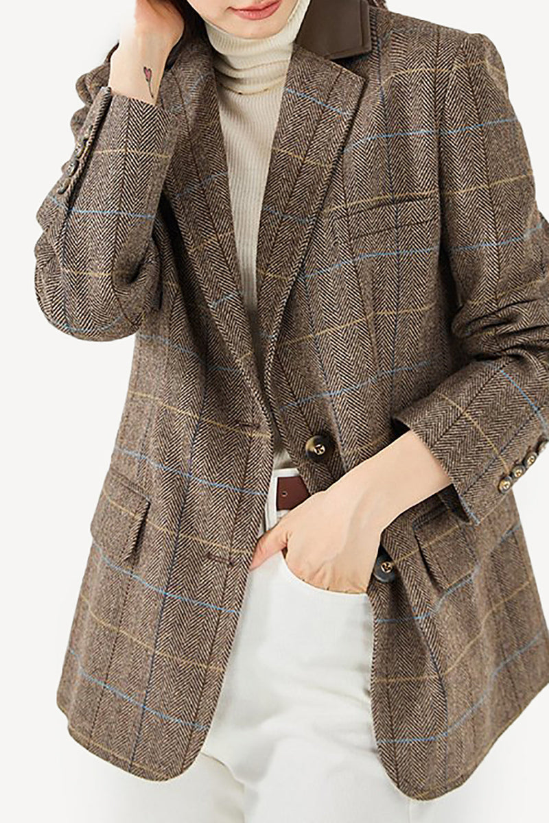 Load image into Gallery viewer, Brown Plaid Notched Lapel Women Jacket