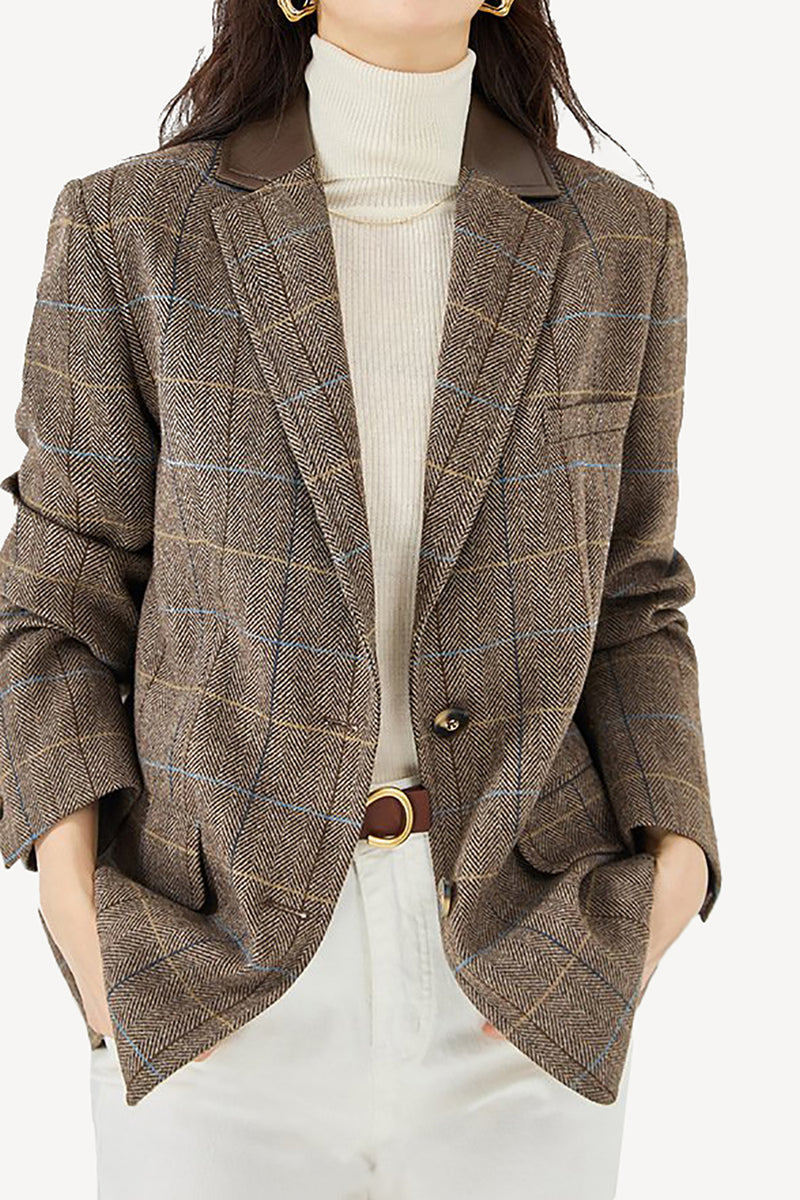 Load image into Gallery viewer, Brown Plaid Notched Lapel Women Jacket