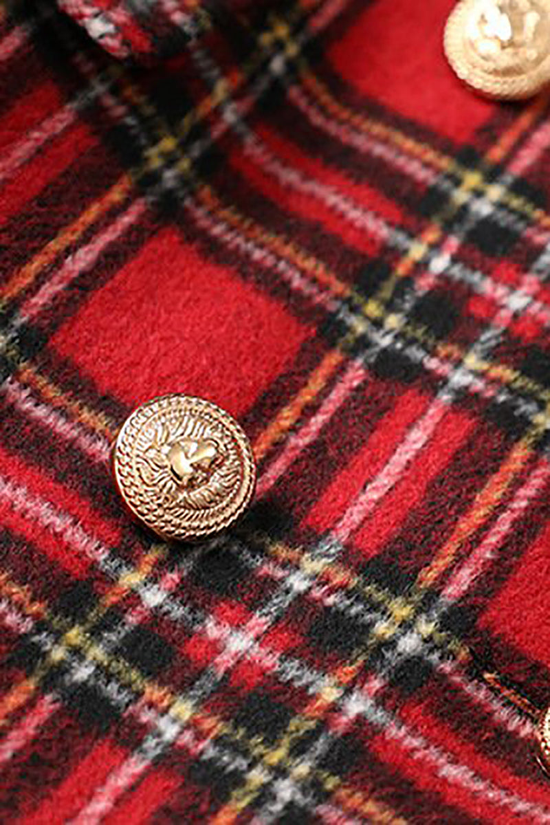 Load image into Gallery viewer, Red Plaid Tweed Double Breasted Women Blazer