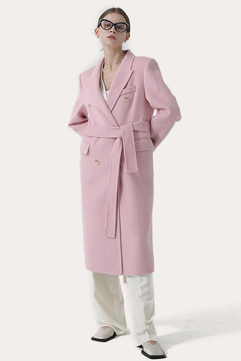 Pink Peak Lapel Double Breasted Long Women Wool Coat