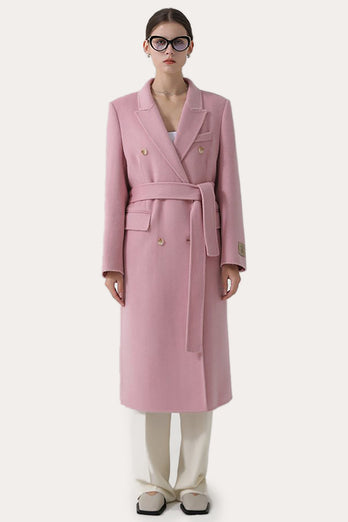 Pink Peak Lapel Double Breasted Long Women Wool Coat