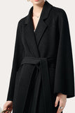 Black Notched Lapel Midi Women Wool Coat with Belt