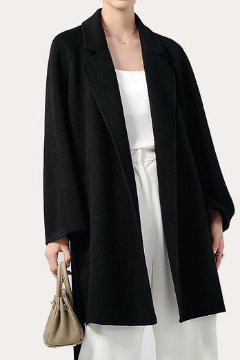Black Notched Lapel Midi Women Wool Coat with Belt