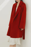 Black Notched Lapel Midi Women Wool Coat with Belt