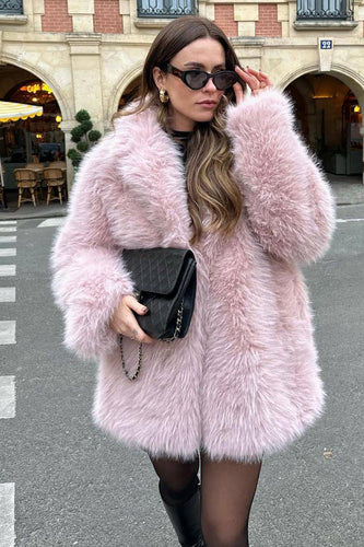 Pink Open Front Shearling Faux Fur Long Shaggy Coat