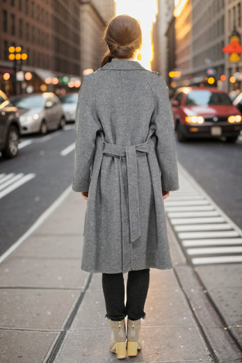 Grey Double Breasted Long Wool Blend Coat with Belt