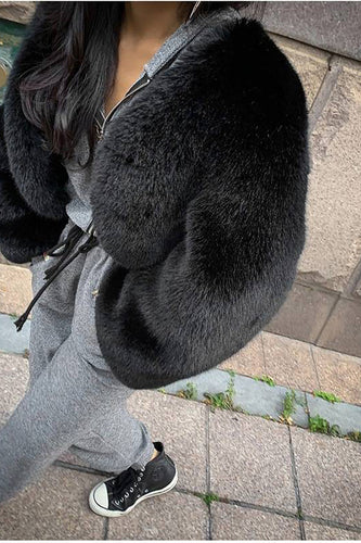 Black Shawl Lapel Faux Fur Cropped Fluffy Coat