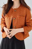 Orange Tweed Shawl Lapel Button Cropped Women Coat