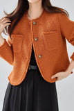 Orange Tweed Shawl Lapel Button Cropped Women Coat