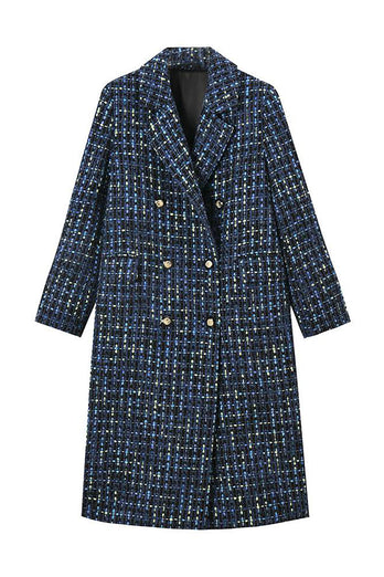 Blue Tweed Plaid Double Breasted Long Women Coat
