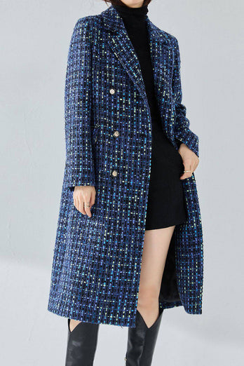 Blue Tweed Plaid Double Breasted Long Women Coat