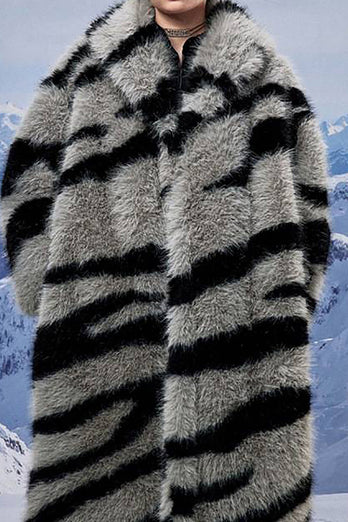 Dark Grey Zebra Pattern Imitation Oversized Long Faux Fur Shearling Coat