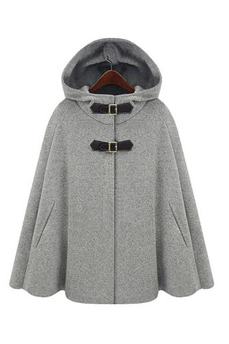 Grey Hooded Buckled Women Cowl Coat