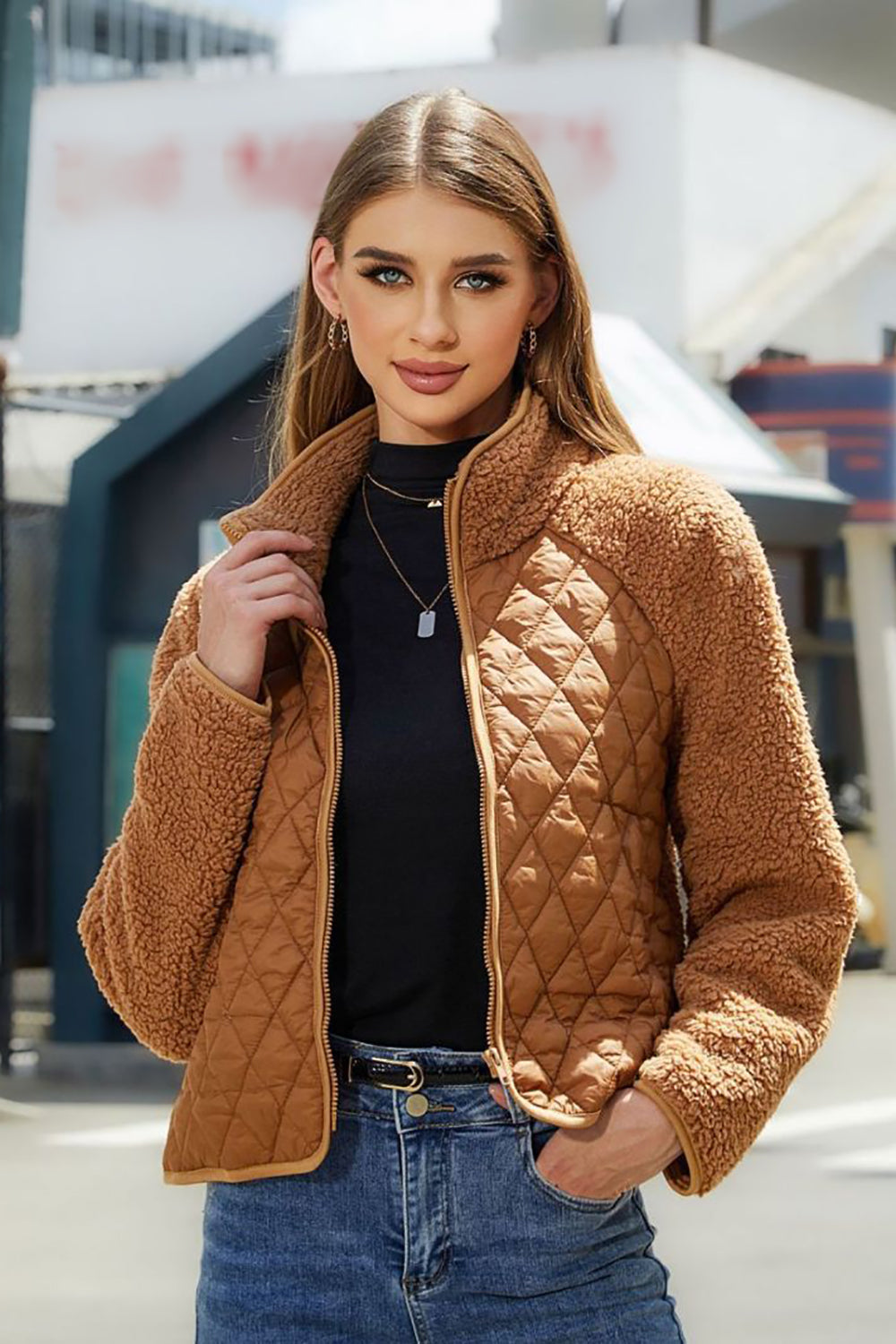 Camel Fleece Patchwork Quilted Cropped Women Puffer Jacket