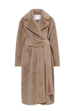 Khaki Faux Fur Shearling Long Open Front Coat with Belt