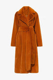 Khaki Faux Fur Shearling Long Open Front Coat with Belt