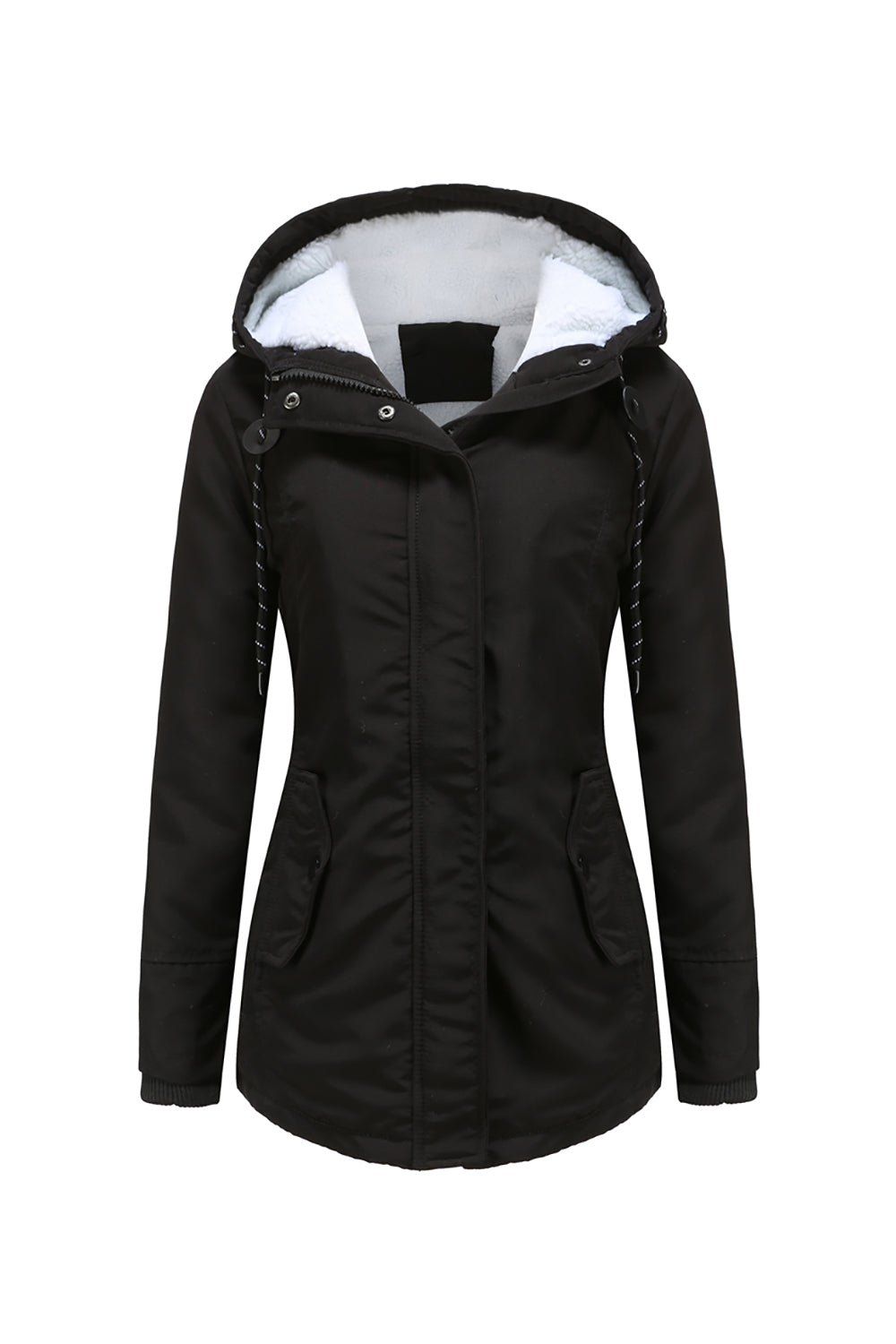 Winter Black Hooded Drawstring Zipper Thickened Padded Jacket
