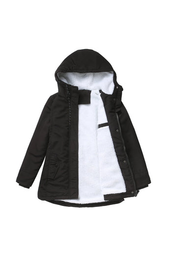 Winter Black Hooded Drawstring Zipper Thickened Padded Jacket