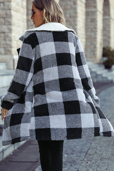 Black Fleece Plaid Notched Lapel Midi Coat With Pockets