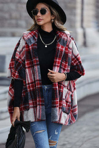 Red Plaid Hooded Cape Style Coat With Pockets