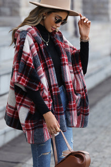Red Plaid Hooded Cape Style Coat With Pockets