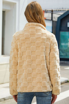 Khaki Fleece Stand Collar Zip Up Coat