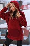 Red Fleece Hooded Pull Over Sweatshirt With Front Pocket