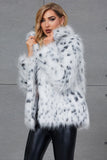 White Leopard Print Lapel Neck Faux Fur Women Coat