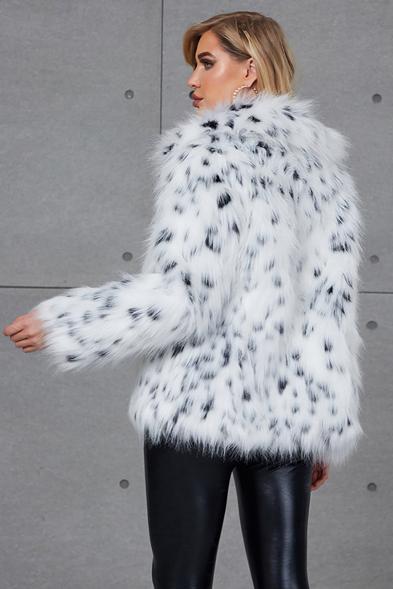 Load image into Gallery viewer, White Leopard Print Lapel Neck Faux Fur Women Coat