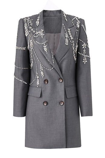 Sparkly Grey Beaded Double Breasted Women Blazer